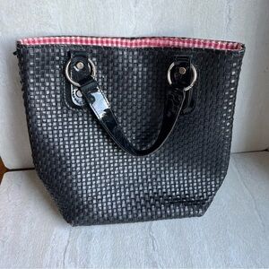 Maurizio Taiuti Black Quilted Woven bucket Bag w/ Saddle Tan Leather strap